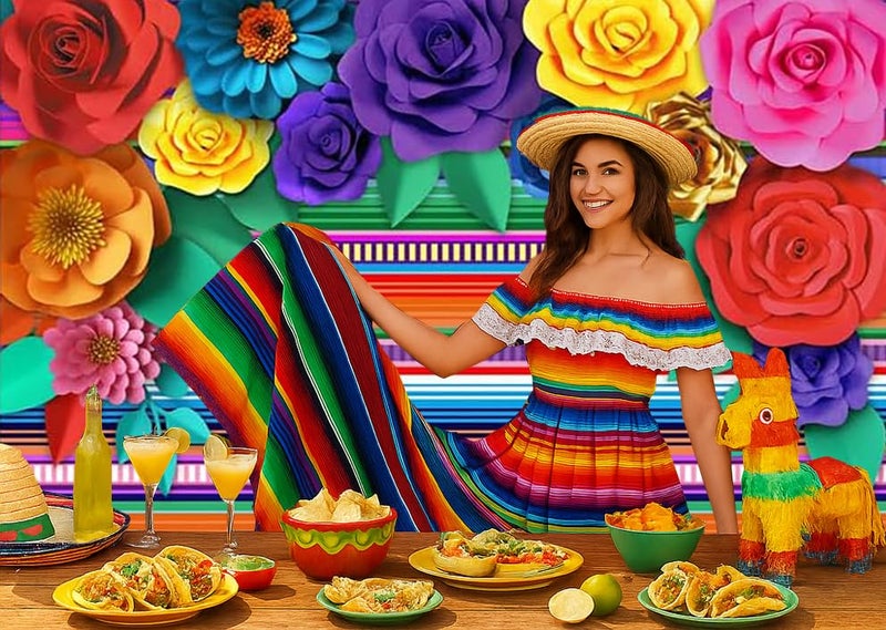 CHAIYA Mexican Theme Party Striped Backdrop Fiesta Cinco De Mayo Paper Flowers Background Party Decoration for Cake Table Decor Photo Booth 7X5FT - Image 3